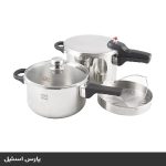 زودپز دوقلو پارس استیل مدل کف سه لایه 4/5 و 6 لیتری با درب پیرکس و سبد بخارپز