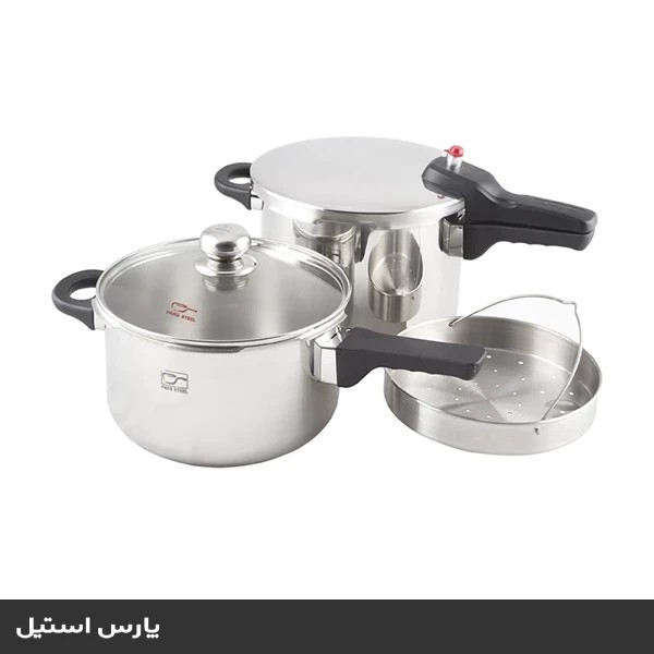 mZIIjg4Rkq7phOxpZLicUuxKBkb6X0b7zguO7LIh زودپز دوقلو پارس استیل مدل کف سه لایه 4/5 و 6 لیتری با درب پیرکس و سبد بخارپز - Image 1